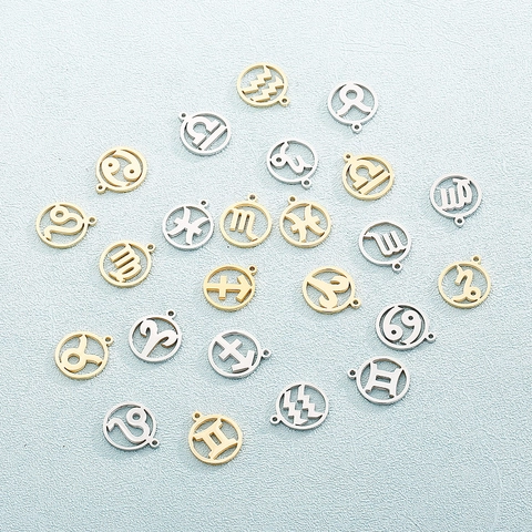 Stainless Steel Zodiac Charms Round Hollowed Out Constellation Pendants For DIY Jewelry Making Necklace
