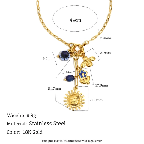 Vintage Zon Face En Bij Hanger Ketting 18K Verguld Roestvrij Staal Paperclip Ketting Blauwe Bloem Sieraden Voor Dames