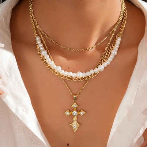 Multi Layer Cross Pendant Necklace Retro Baroque Elegant Alloy Rhinestone Imitation Artificial Pearl Sweater Chain For Women