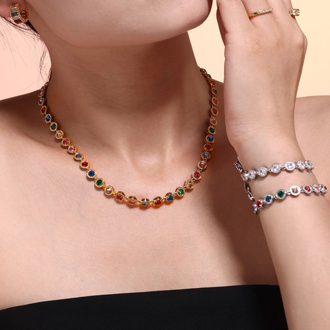 Titanium Steel Zirconia Necklace Bracelet For Women Bohemian Luxurious Jewelry Round Cut Sparkling Accessories Wedding Party Gift