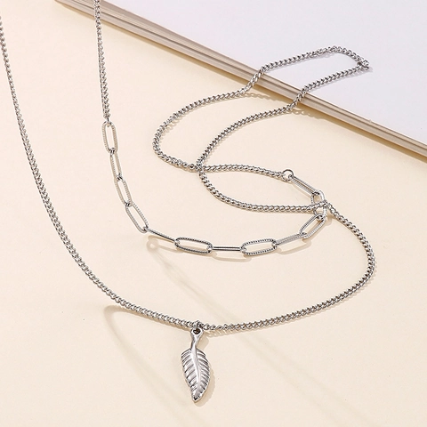 Collar Doble Capa Acero Inoxidable Colgante Pluma Cadena Clip Eslabones Joyería Moda Mujer Accesorio