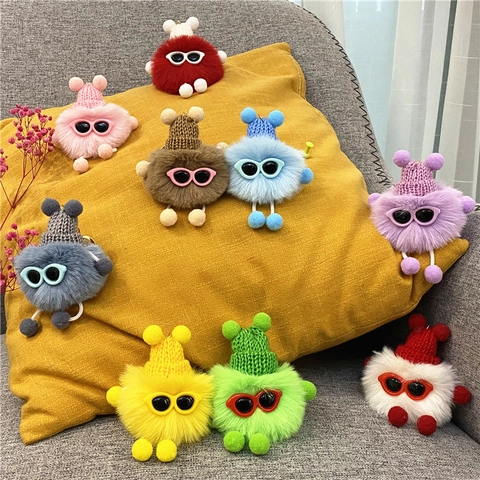 Cartoon Monster Plüsch Schlüsselanhänger Mit Sonnenbrille Und Strickmütze Weicher Kunstfell Taschenanhänger Deko