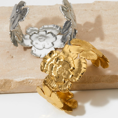 Bracciale A Polsino Con Fiore Grande In Acciaio Inossidabile Rigido Aperto Floreale 3D Gioielli Di Moda Per Donna