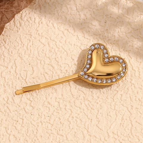 Pinza Para El Pelo De Corazón Acero Inoxidable Baño Oro 18K Diamantes Imitación Borde Irregular Horquilla Mujer