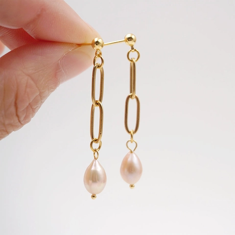 Orecchini Pendenti Con Perle Acqua Dolce Con Perno In Argento Catena In Acciaio Inossidabile Maglia Ovale Vintage Minimalista Donna