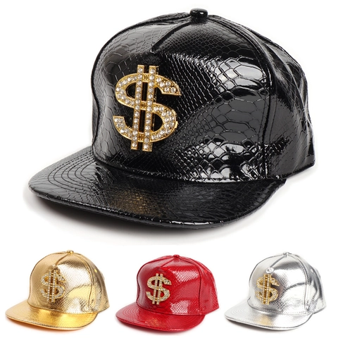 Hip-Hop Baseballkappe PU Leder Krokodilmuster Strass Dollarzeichen Flache Krempe Streetwear Verstellbarer Hut