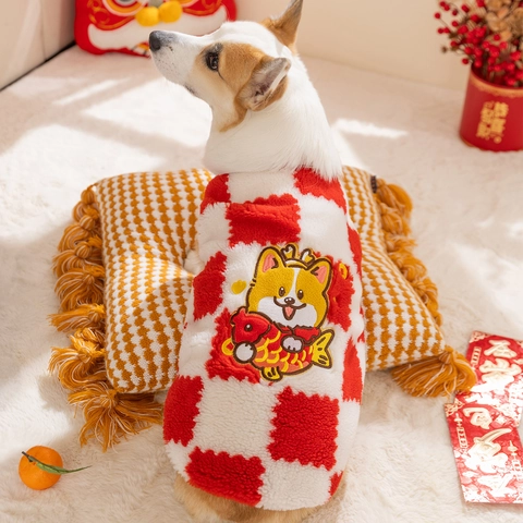 Dog Fleece Vest Lamb Wool Warm Checkerboard Cartoon Embroidery Snap Button Festive Apparel For Small Medium Dogs