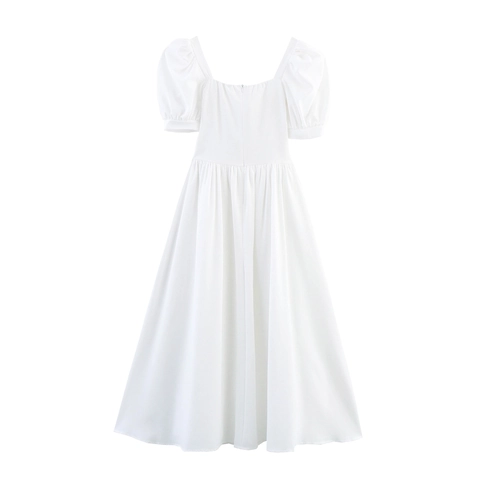 Witte Maxi-Jurk Met Vierkante Hals Pofmouwen Franse Vintage Stijl Gevlochten Detail Elegante Dames