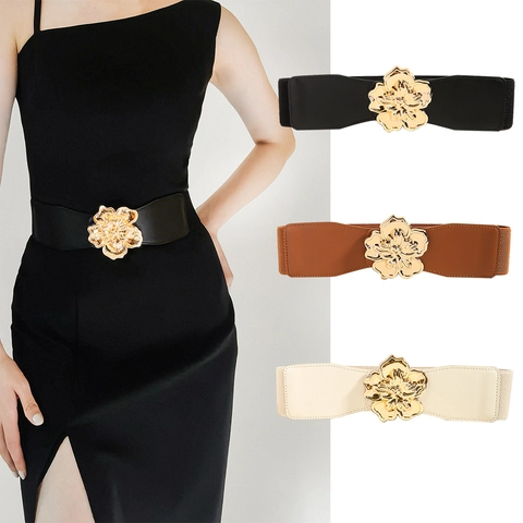 Women Wide Elastic Corset Belt With Large Gold Metal Flower Buckle PU Leather Stretch Waistband For Dresses Elegant