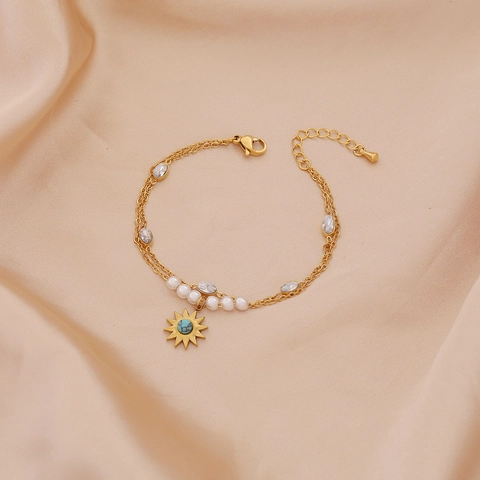 Fashion Double Layer Stainless Steel Bracelet With Imitation Artificial Pearl Zirconia Star Flower Pendant For Women Jewelry Gift