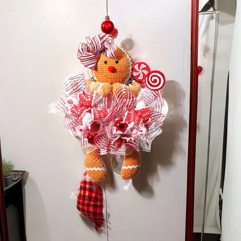 Ghirlanda Di Natale Omino Di Pan Di Zenzero Decorazione Per Porta Tessuto Rete Nastri Design Bastoncino Di Zucchero
