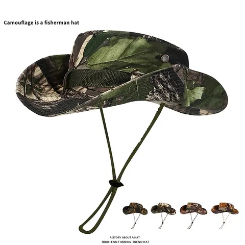 Camouflage Bucket Hat Wide Brim Sun Protection Waterproof Polyester Cotton Outdoor Fishing Boonie Hat With Chin Strap Unisex