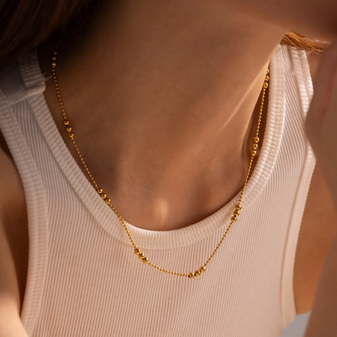 Collier Chaîne À Billes Minimaliste En Acier Inoxydable Plaqué Or Bijoux Perles Pour Femmes