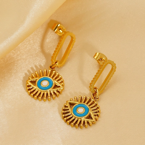 Evil Eye Hängeohrringe 18K Vergoldeter Edelstahl Sonnenstrahl Design Blau Emaille Boho Stil Schmuck Für Damen