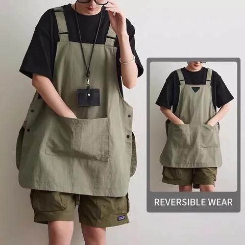 Work Apron Taslan Waterproof Reversible Multi Pocket Adjustable Straps Japanese Style For Kitchen Coffee Shop Gardening