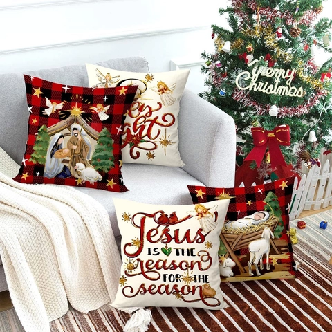 Kerst Kussenhoezen Kerststal Engel Polyester Linnenlook Retro Ruit Feestelijke Decoratieve Kussenslopen Woonkamer Bank