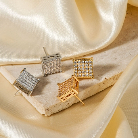 Orecchini A Lobo Quadrati In Rame Con Micro Pavé Di Zirconi Scintillanti Gioielli Eleganti Minimalisti Geometrici