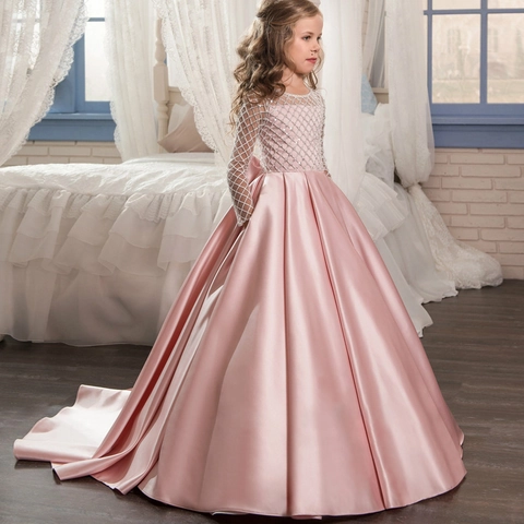 Girls Princess Dress Long Sleeve Satin Lattice Mesh With Rhinestone Large Bow Tail Gown For Birthday Wedding Party