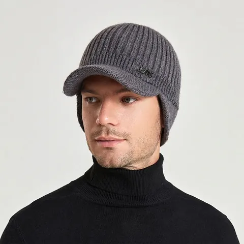 Bonnet Tricoté D'Hiver Pour Hommes Avec Visière Protection Des Oreilles Doublé Polaire Thermique Coupe-Vent Acrylique