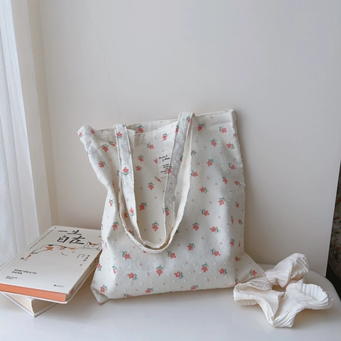 Bloemenprint Katoenen Canvas Tote Bag Grote Capaciteit Casual Schoudertas Voor Dames Studenten Verse Literaire Stijl