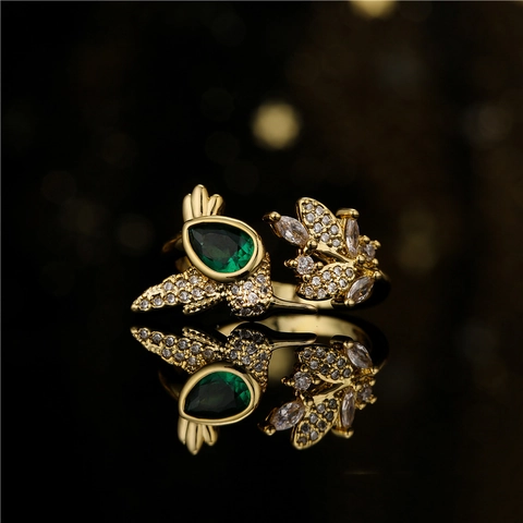 Anillo Ajustable De Cobre Chapado En Oro Con Colibrí Y Flor Zircón Verde Gota De Agua Para Mujer