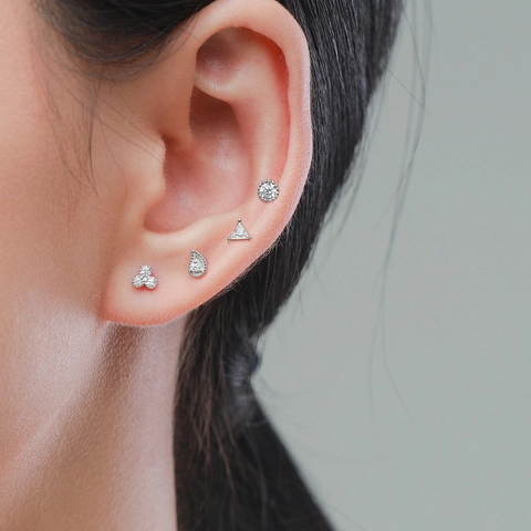 Minimalist 925 Sterling Silver Stud Earrings Geometric Tiny Cubic Zirconia Triangle Round Water Drop Jewelry For Women