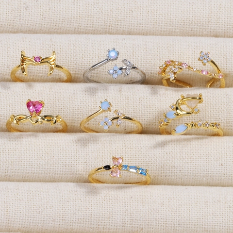 Vintage Copper Flower Heart Star Adjustable Open Ring For Women Elegant Gold Silver Plated Rhinestone Floral Finger Ring Jewelry
