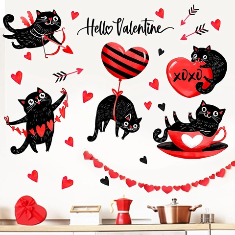 Valentinstag Wandaufkleber Schwarze Katze Herz Cartoon PVC Aufkleber Für Fenster Heimdekoration Romantisch Süß DIY Dekoration