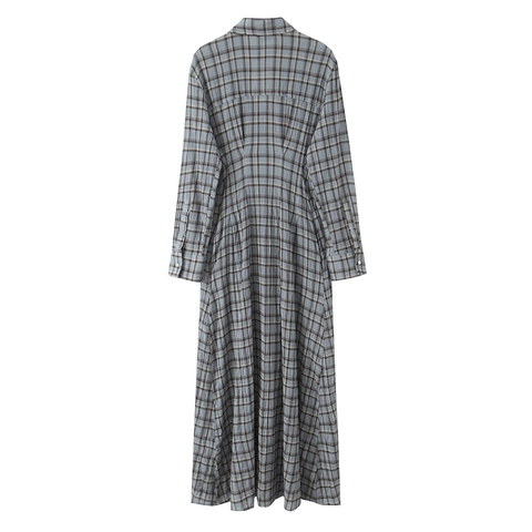 Geblokte Shirt Maxi Jurk Dames Lange Mouwen Knoopsluiting Hoge Taille Reverskraag Seersucker Textuur Retro Stijl