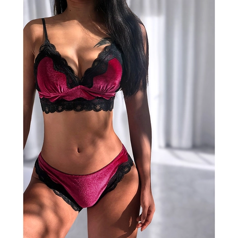 Samt Spitze Dessous BH Und Slip Ohne Bügel Triangel Dünne Körbchen Sexy Push Up Bequeme Unterwäsche Damen Herbst Winter