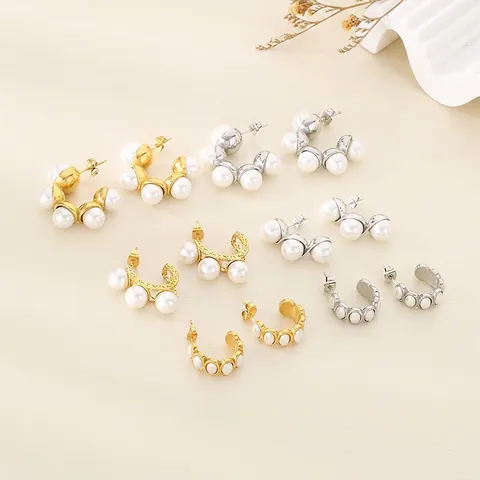 Pendientes De Aro En Forma De C De Acero Inoxidable Con Perlas Artificiales Blancas Accesorios De Moda Elegantes Para Mujer
