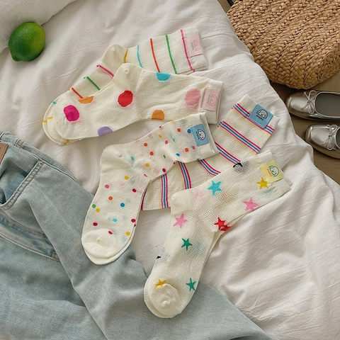 Damen Crew Socken Baumwolle Mesh Atmungsaktiv Dünn Bunte Streifen Punkte Sterne Preppy Style Mit Welpen Etikett