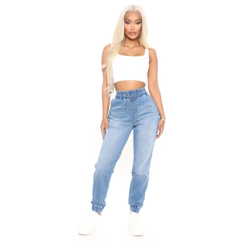 Jeans Joggers In Denim Da Donna Alta Elasticità Misto Cotone Rayon Vita Elastica Con Coulisse Orlo Con Polsino Pantaloni