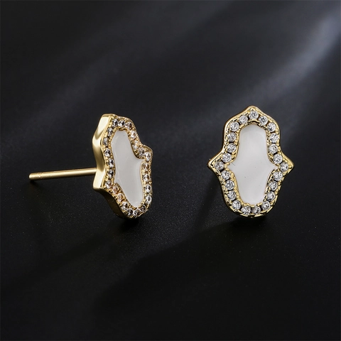 Hamsa Hand Stud Earrings Copper 18K Gold Plated Enamel Micro Pave Cubic Zirconia Fatima Hand Jewelry For Women