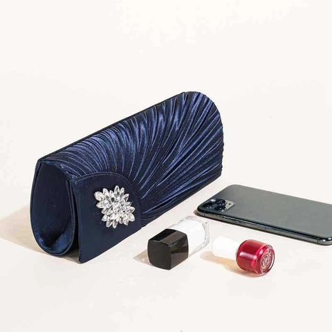 Elegant Pleated Satin Evening Clutch Bag With Rhinestone Decor And Metal Chain For Wedding Party Prom Women