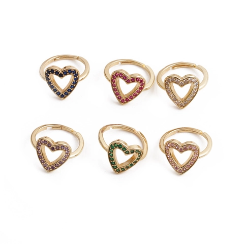 Anello Aperto Cuore Cavo Rame Placcato Oro Zircone Colorato Micro Intarsiato Gioielli Regolabili Da Donna