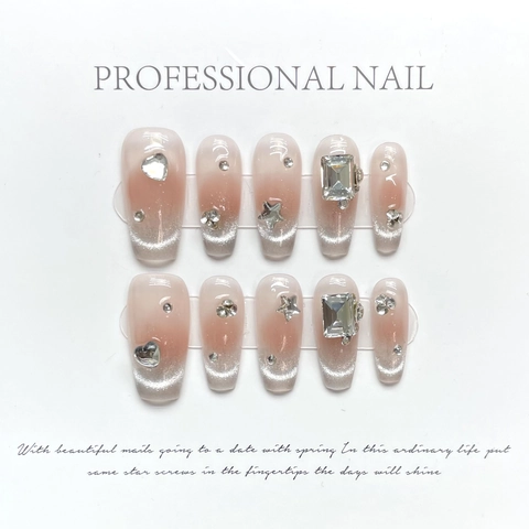 Handmade Press On Nails Pink Gradient Cat Eye Effect With Rhinestones Heart Star Short Coffin Luxury Style