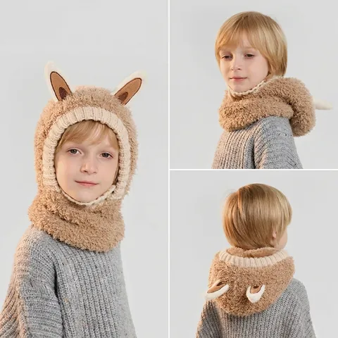 Kids Winter Balaclava Hat Integrated Plush Scarf Mask Animal Ears Knitted Thickened Warm Windproof Outdoor For Girls Boys