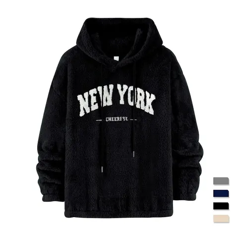 Men Hoodie Sherpa Fleece Winter Warm Letter Embroidery Oversized Loose Hooded Sweatshirt With Pocket Casual