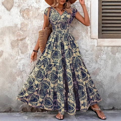 Damen Vintage Blumenmuster Maxi Kleid Elegant V-Ausschnitt Kurzarm Gesmokte Taille A-Linie Langes Kleid Für Sommer Urlaub Casual