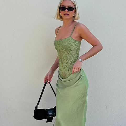 Sage Green Lace Patchwork Satin Maxi Dress Spaghetti Strap Backless Slim Fit Elegant Summer Long Cami Gown For Women