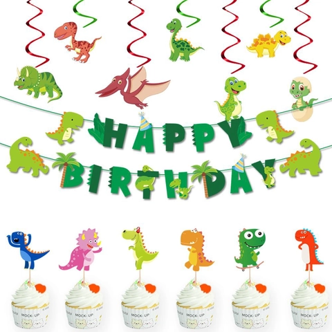 Decoración De Fiesta De Cumpleaños De Dinosaurios Banner De Papel Colgante En Espiral Cupcake Toppers Tema De Bosque De Selva Dibujos Animados Cumpleaños Niños