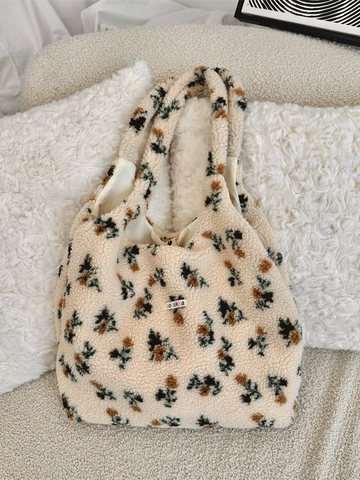 Floral Print Plush Tote Bag Sherpa Fleece Shoulder Bag Large Capacity Retro Casual Autumn Winter Handbag For Women