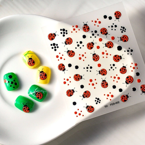 Autocollants Pour Ongles 5D Coccinelle Auto Adhésifs Gaufrés Scarabée Rouge Pois Décorations Pour Manucure DIY Mignons Cartoon
