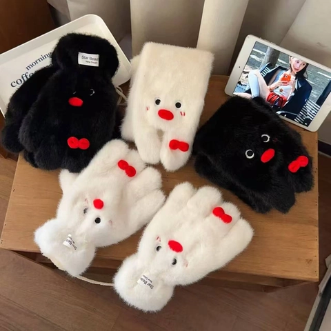 Plush Penguin Scarf Gloves Winter Warm Thick Faux Fur Cartoon Cold Weather Outdoor Neck Warmer Hand Wear
