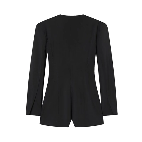 Dames Blazer Romper Met Lange Mouwen Pakkraag V-hals Double-breasted Jumpsuit Katoen Spandex Elegant Zwart