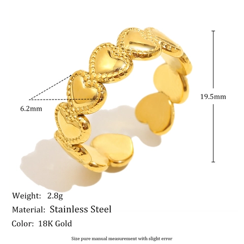 Anillo Abierto De Corazón Acero Inoxidable Bañado En Oro 18K Borde De Cuentas Ajustable Joyería Romántica Mujer