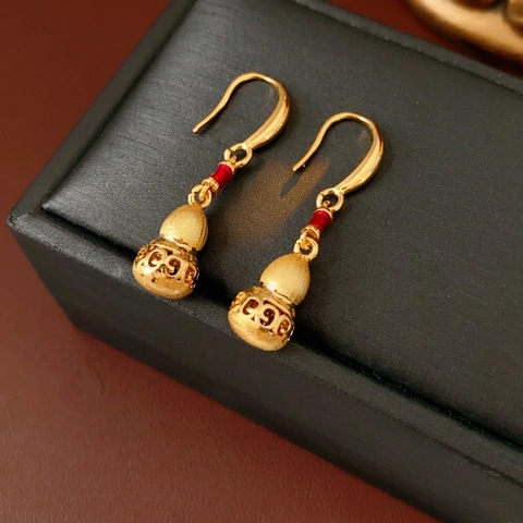 Pendientes De Gota De Gourd Cobre Bañado En Oro Huecos Estilo Chino Retro Con Poste De Plata Para Mujeres