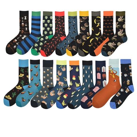 Men's Casual Cotton Crew Socks With Cartoon Animal Jacquard Pattern Colorful Fashion Long Socks For Autumn Winter Daily Wear