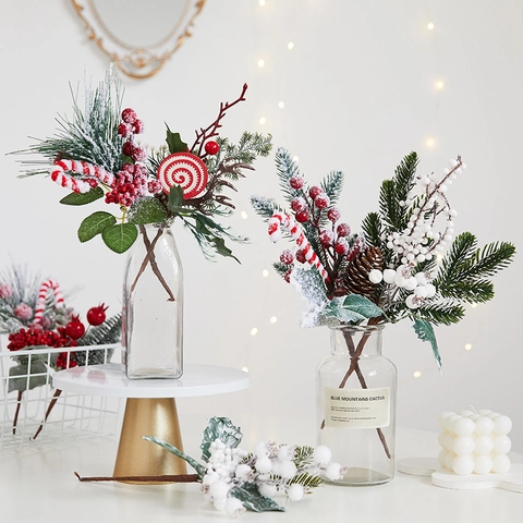 Artificial Christmas Pine Branches Picks With Pine Cones Red Berries Snow Flocked For Holiday Tree Floral Arrangements Decor